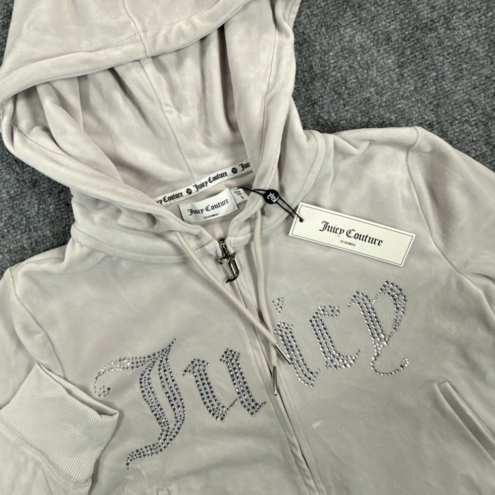 Juicy Couture Hoodie Womens M Ash Velour Rhinestone Bling Y2K Full Zip NWT